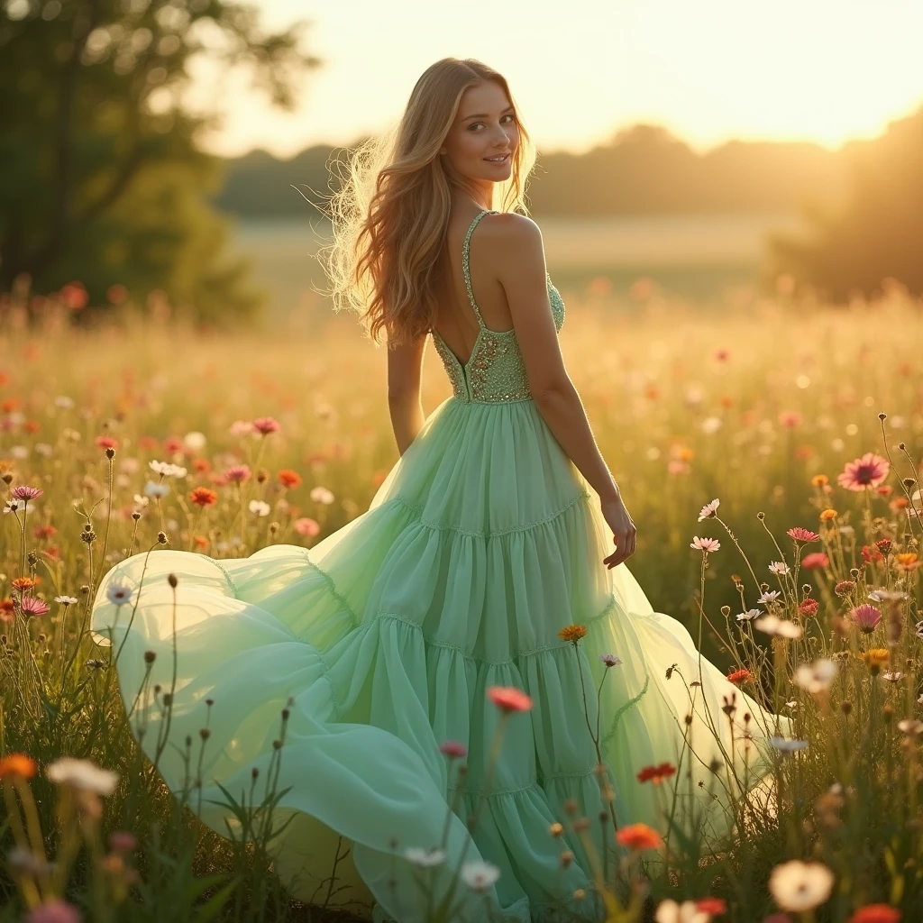A whimsical girl with long, flowing hair made of flowers, dancing in a field of vibrant colors. Rendered in a dreamy, watercolor style.
