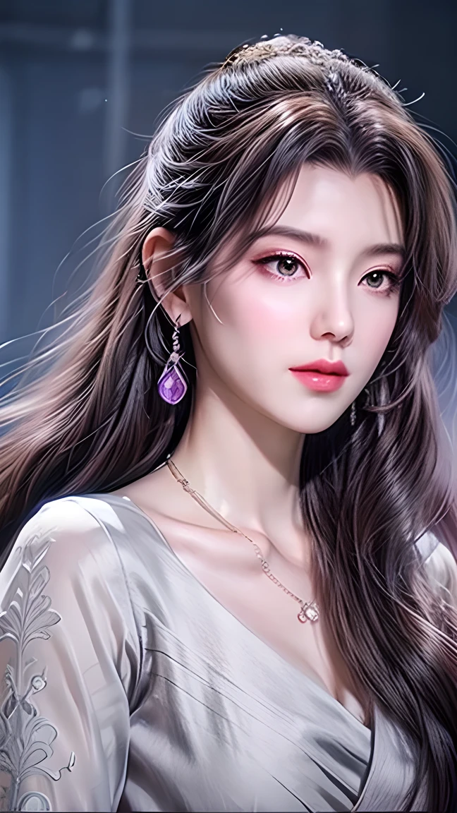 Beautiful,  White Asian Women , K-pop Aidou , Long full white wavy curls ,  Amber Eyes ,  Lavender Dress , Saggy Crescent Eyes , White eyelashes,  heart-shaped amethyst necklace and cut amethyst earrings, Small face,  Pink Careful Lips . pale.  actual  