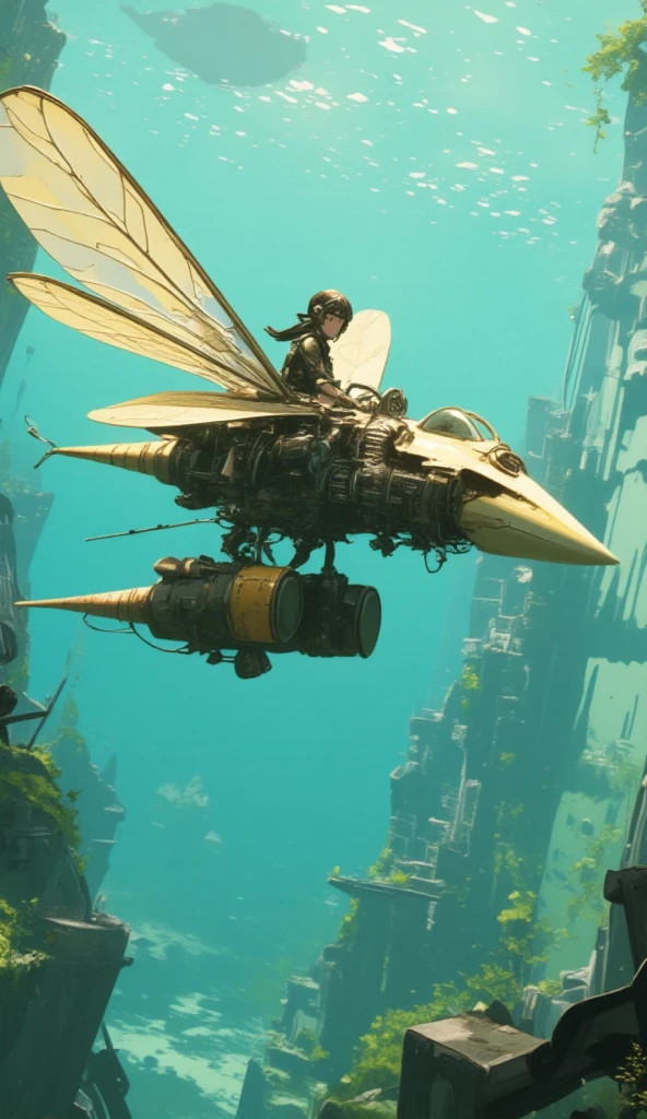  steampunk、Wide View、((( dragonfly flying with steam engine、Extremely simple construction、Internal combustion engine、Aquarium、Fuel tank、Small single-seater airplane :1.7、 very smooth fuselage、Flapter )))、Pilot by a girl、goggles、