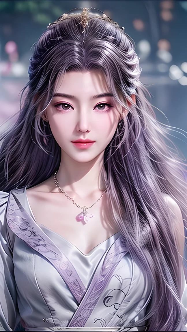 Beautiful,  White Asian Women , K-pop Aidou , Long full white wavy curls ,  Amber Eyes ,  Lavender Dress , Saggy Crescent Eyes , White eyelashes,  heart-shaped amethyst necklace and cut amethyst earrings, Small face,  Pink Careful Lips . pale.  actual  