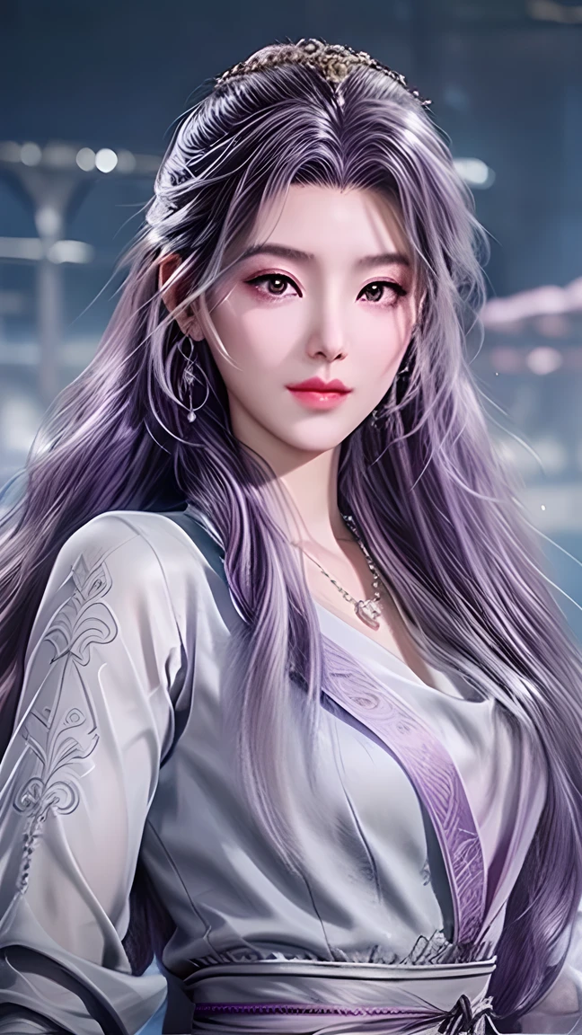 Beautiful,  White Asian Women , K-pop Aidou , Long full white wavy curls ,  Amber Eyes ,  Lavender Dress , Saggy Crescent Eyes , White eyelashes,  heart-shaped amethyst necklace and cut amethyst earrings, Small face,  Pink Careful Lips . pale.  actual  