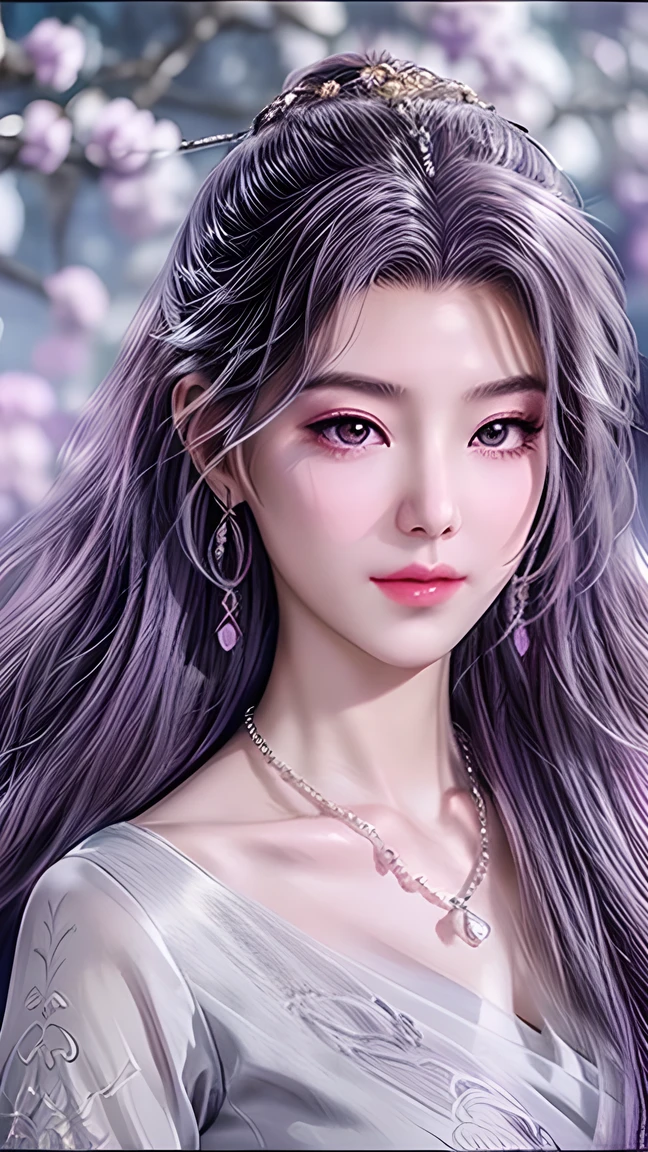 Beautiful,  White Asian Women , K-pop Aidou , Long full white wavy curls ,  Amber Eyes ,  Lavender Dress , Saggy Crescent Eyes , White eyelashes,  heart-shaped amethyst necklace and cut amethyst earrings, Small face,  Pink Careful Lips . pale.  actual  