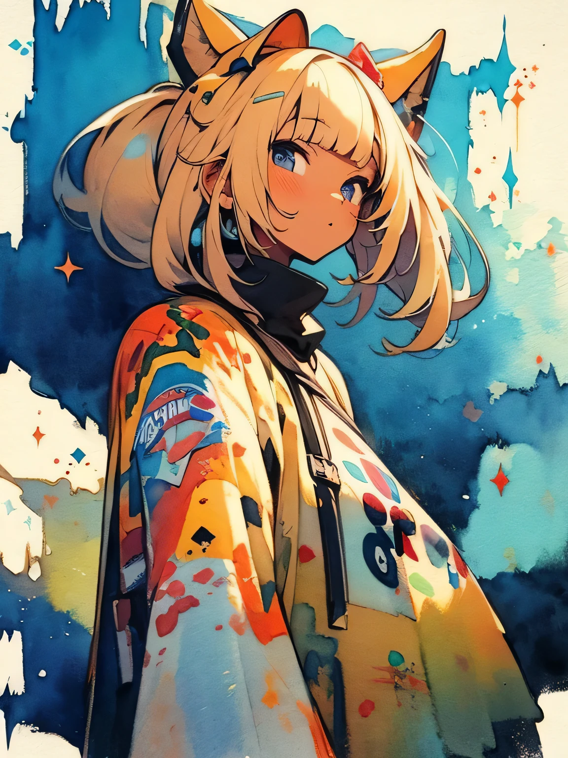 (looking at viewer),solo,upperbody,white ponytail,blunt bangs,(dark skin),giraffe headgear, have a (pepsi cola can), the savannah, the blue sky, like a painting、like a painting, watercolor painting style, The Art of Mathematics, Official Art, Masterpiece, beautiful, ((watercolor)), paint splashes , complex details. very detailed, [Drooping:0.7],,like a painting, watercolor painting style, The Art of Mathematics, Official Art, Masterpiece, beautiful, ((watercolor)), paint splashes , complex details. very detailed, [Drooping:0.7],