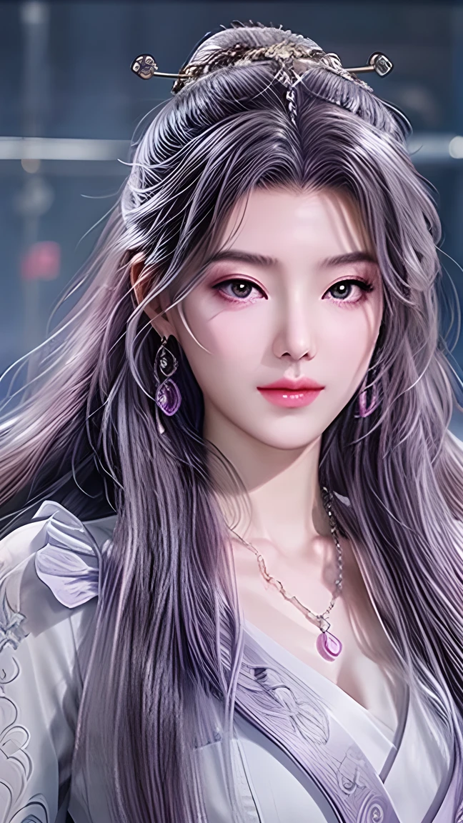 Beautiful,  White Asian Women , K-pop Aidou , Long full white wavy curls ,  Amber Eyes ,  Lavender Dress , Saggy Crescent Eyes , White eyelashes,  heart-shaped amethyst necklace and cut amethyst earrings, Small face,  Pink Careful Lips . pale.  actual  