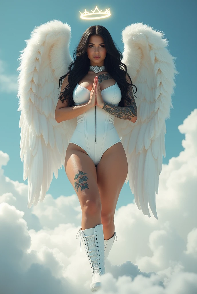 front view, close up photo of naked lkjhgf with huge white angel wings, on cotton like fluffy clouds, realistic clouds on ground, feathery wings, leaning back on one hand,  with one hand resting on knee, legs wide open, in heaven, totally naked, looking at the viewer, hourglass figure, curvy, looking at the viewer, wide hips, perfect flawless pierced navel, swooping breasts, , thick muscular thighs, relaxed pose, hairy pussy, totally naked, necklace, (cinematic:1.3), intricate details, (ArtStation:1.2), hyperrealistic skin, hyperrealistic flawless skin, 4k, HD, clouds on the floor, blue sky, heavenly background,