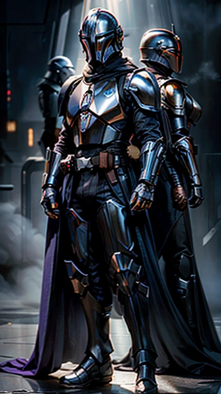 (Highly detailed, cinematic, realistic), male and female Mandalorians in futuristic black and purple armor, fully metal with no cloth except for flowing capes. Their armor is sleek and polished, featuring intricate designs that stay true to Mandalorian aesthetics, with T-shaped visors on their helmets. Standing side by side in a dramatic pose, illuminated by faint purple and blue glows. Smoky background with a subtle industrial and futuristic vibe, soft lighting highlighting the reflective surfaces of their armor. Ultra-detailed textures, dynamic and atmospheric composition.