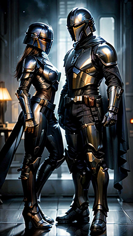 (Highly detailed, cinematic, realistic), male and female Mandalorians in futuristic black and purple armor, fully metal with no cloth except for flowing capes. Their armor is sleek and polished, featuring intricate designs that stay true to Mandalorian aesthetics, with T-shaped visors on their helmets. Standing side by side in a dramatic pose, illuminated by faint purple and blue glows. Smoky background with a subtle industrial and futuristic vibe, soft lighting highlighting the reflective surfaces of their armor. Ultra-detailed textures, dynamic and atmospheric composition.