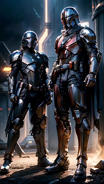 (Highly detailed, cinematic, realistic), male and female Mandalorians in futuristic black and purple armor, fully metal with no cloth except for flowing capes. Their armor is sleek and polished, featuring intricate designs that stay true to Mandalorian aesthetics, with T-shaped visors on their helmets. Standing side by side in a dramatic pose, illuminated by faint purple and blue glows. Smoky background with a subtle industrial and futuristic vibe, soft lighting highlighting the reflective surfaces of their armor. Ultra-detailed textures, dynamic and atmospheric composition.