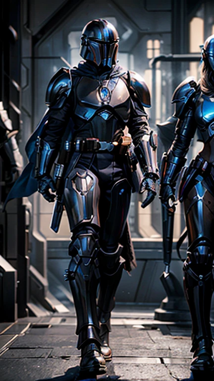 (Highly detailed, cinematic, realistic), male and female Mandalorians in futuristic black and purple armor, fully metal with no cloth except for flowing capes. Their armor is sleek and polished, featuring intricate designs that stay true to Mandalorian aesthetics, with T-shaped visors on their helmets. Standing side by side in a dramatic pose, illuminated by faint purple and blue glows. Smoky background with a subtle industrial and futuristic vibe, soft lighting highlighting the reflective surfaces of their armor. Ultra-detailed textures, dynamic and atmospheric composition.