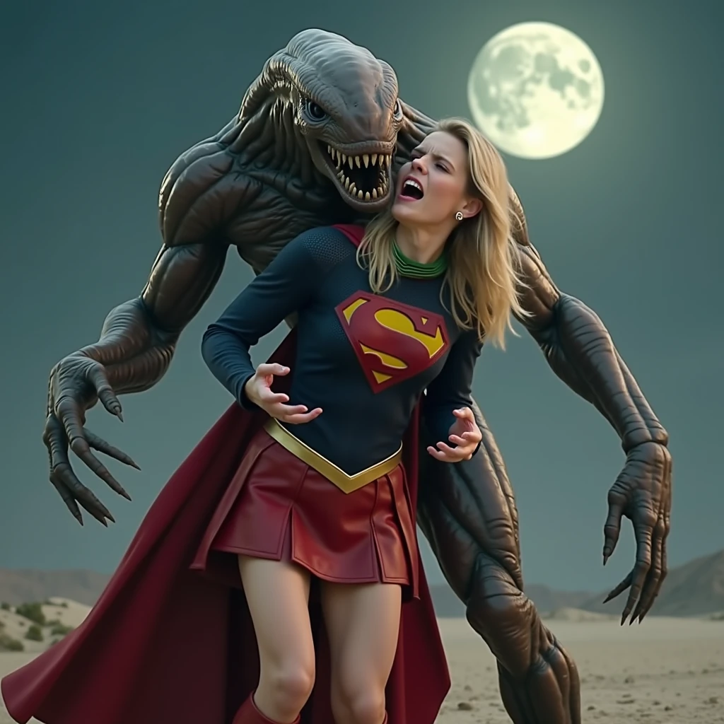 Melissa Benoist as Supergirl, Melissa Benoist is wearing a Supergirl costume as seen on TV, very bright white skin, Supergirl is defeated by a huge body fierce Alien Monster, It is standing in front of her, the Alien Monster seize her body tightly, can see whole body, Supergirl is wearing a short red leather fabric skirt, ((tattered skirt and upskirt:1.8)), Supergirl is wearing a thin black pantyhose:1.6, red knee height long boots, dirty body, bright white skin, blonde hair, lighting green collar on her neck, ((Supergirl is screaming in pain)), Supergirl is seriously injured, painful, (Excruciating pain face), photorealistic, hyper realistic, ((whole body visible:1.9)), night time on the Mar with moon lighting,