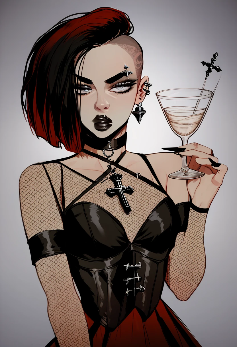 Goth_woman, wide_hips, small_breasts, slim_build, black_lipstick, shoulder-length_hair, straight_hair, shaved side of the head, high fringe, dark red hair, diagonal_haircut, fair_skin, long_lashes, black_eyes, almond_shaped_eyes, thick_eyebrows, thin_lips, septum_piercing, choker, black_nails, cross_earrings, fishnet_arm_sleeves, off-shoulder_dress, corset, striped_skirt, holding_plastic_cup, bored, dark_background, colorful_spotlights.