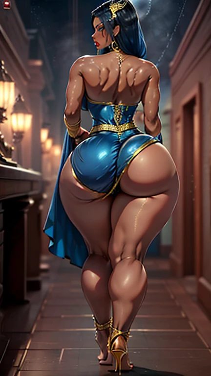 A woman, alien, rear view, full body, blue dress, sexyprincess , gold and silver details, narrow waist, wide hips, thick thighs, huge buttocks, thick legs, huge booty, big bubble booty, huge boobs, massive boobs, big buttocks, walking, luxurious palace background, barefoot, soles, feet, heel,