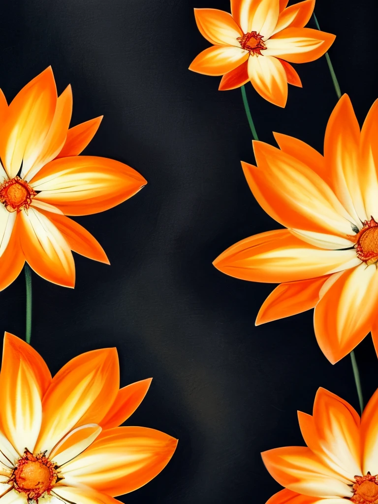 painting of three white flowers with orange petals on a black background, beautiful!!! digital art, beautiful detail and color, orange flowers, elegant flowers, beautiful flowers, glowing flowers, beautiful gorgeous digital art, wow it is beautiful, beautiful design, beautiful!!!!!!!!!, flowers!!!!, beautiful!!!!!!!!!!!!, beautiful flower, dark sienna and white, brown flowers, beautiful depiction