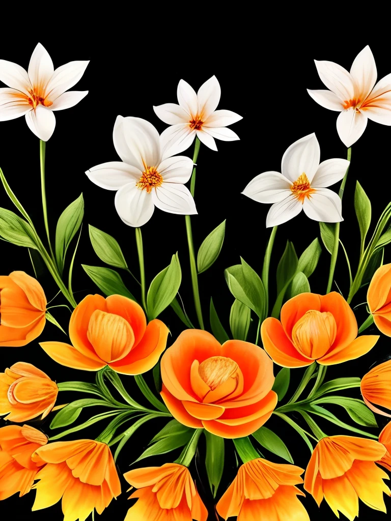 painting of three white flowers with orange petals on a black background, beautiful!!! digital art, beautiful detail and color, orange flowers, elegant flowers, beautiful flowers, glowing flowers, beautiful gorgeous digital art, wow it is beautiful, beautiful design, beautiful!!!!!!!!!, flowers!!!!, beautiful!!!!!!!!!!!!, beautiful flower, dark sienna and white, brown flowers, beautiful depiction