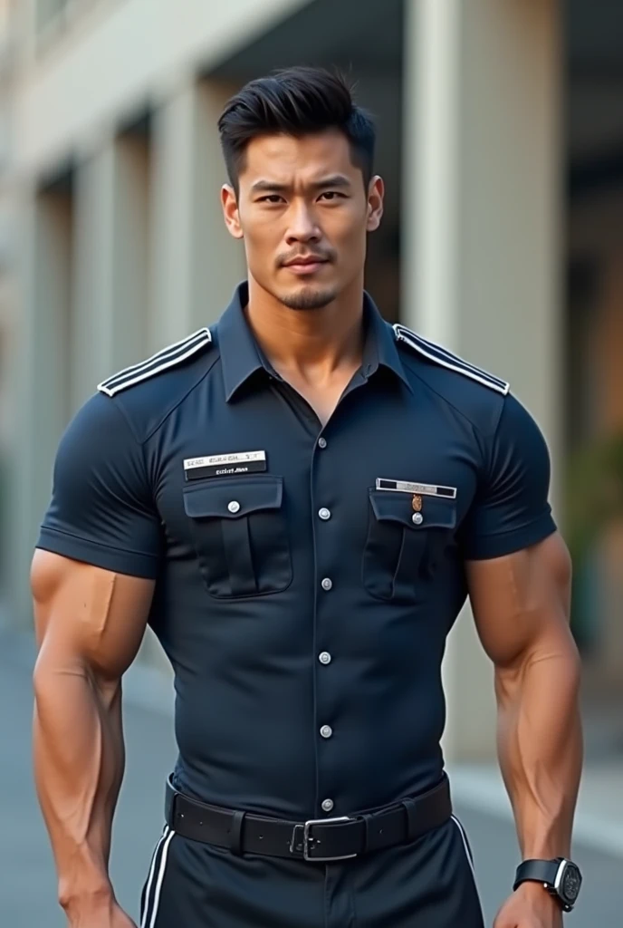 ((ultra realistic)), high detail, photo shoot, handsome 40 years old,korean man, ((wearing security guard uniform:1.3)), ((showing chest:1.3)), (areola:1.4), muscular, (abs), (pectorals), (((full body1.4))), high res, detailed realistic image, beautiful eyes, eyes open, handsome face, detailed face, (short undercut hair:1.2), (bald head:1.2), ((((crotch bulge))))