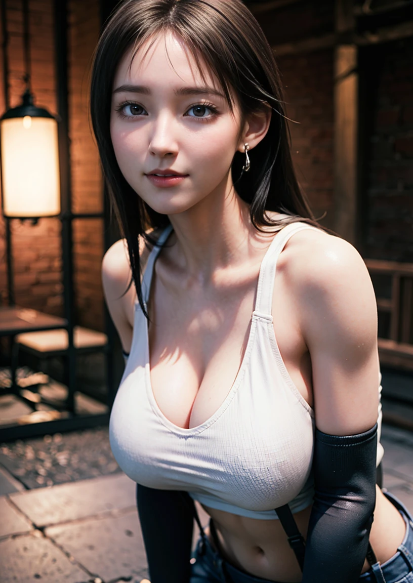 (, blush, 20yo, narrow eyes) (Photorealistic: 1.4), Solo, Top Quality, Very Delicate and Beautiful, High Definition, 1girl, tifa_lockhart, Smile, Cowboy Shot, Suspenders, Low Rise, Mini Skirt, Tank Top, Tense Shirt, Black Hair, Long Hair, Elbow Gloves, Beautiful Detailed Red Eyes, Face Light, Movie Lighting, Navel, ( gigantic breasts: 1.0), old bars, background blurred, fluttering hair,  beautiful woman