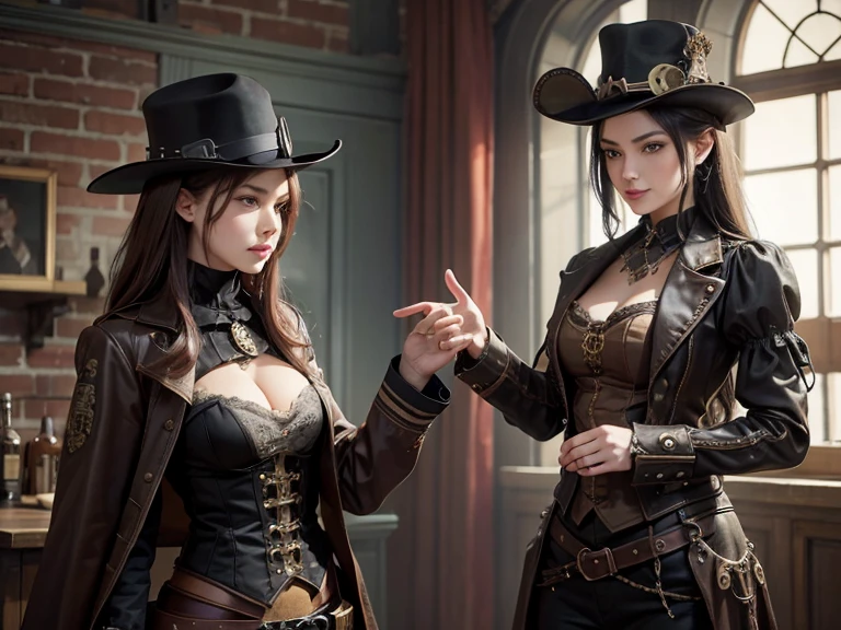 Two Korean steampunk pretty 18 year old, wearing revealing steampunk outfits