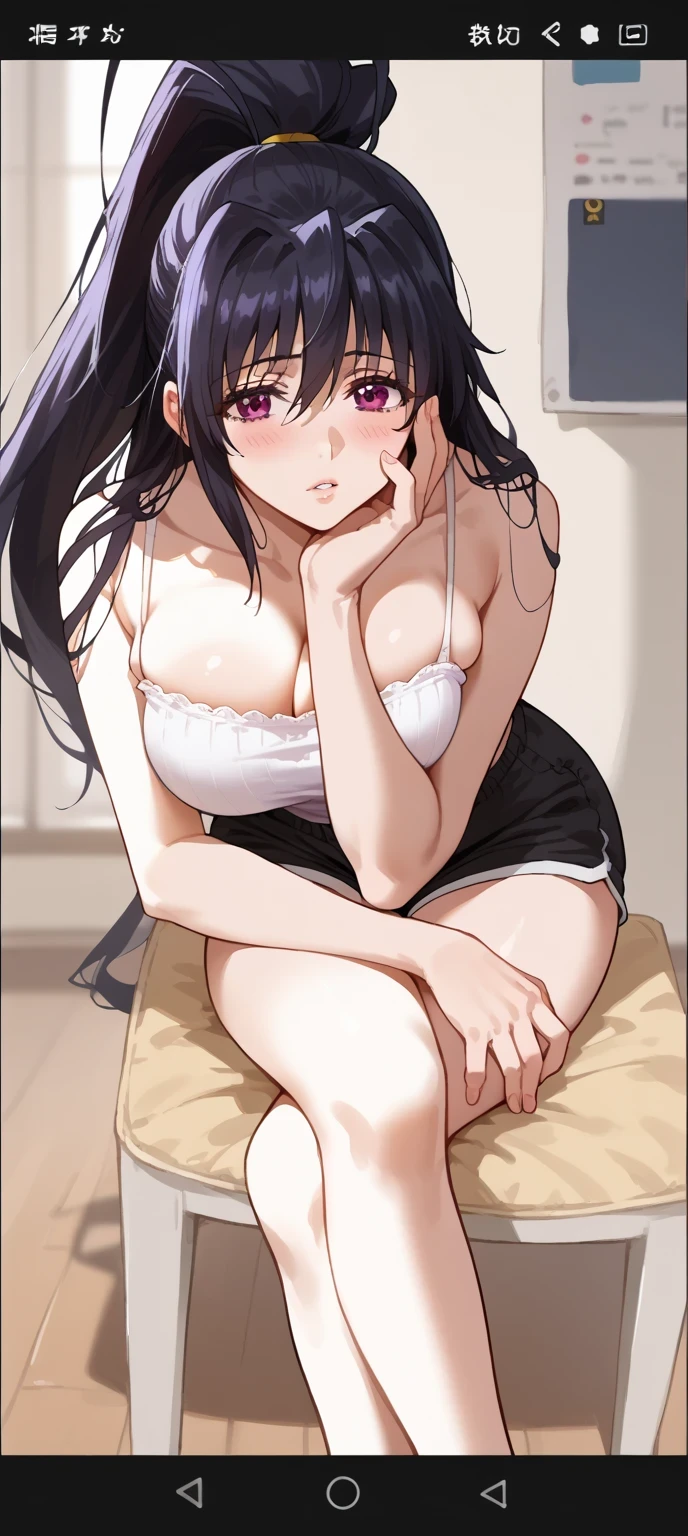 Anime source, Tall girl, Fit girl,score_9, score_8_up, score_7_up, score_6_up, uncensored, akenohimejima, akeno himejima, long hair, black hair, ribbon, very long hair, purple eyes, huge breast, wide hips, big butt, Tight thighs, 1girl, breasts, solo, blush, sitting, looking_at_viewer, crossed_legs, long_hair, ponytail, phone_screen, large_breasts, shorts, black_hair, camisole, bangs, cleavage, hand_on_own_face, brown_eyes, bare_shoulders, black_shorts, thighs, hand_on_own_cheek, collarbone, head_rest, high_ponytail, white_camisole, parted_lips, short_shorts