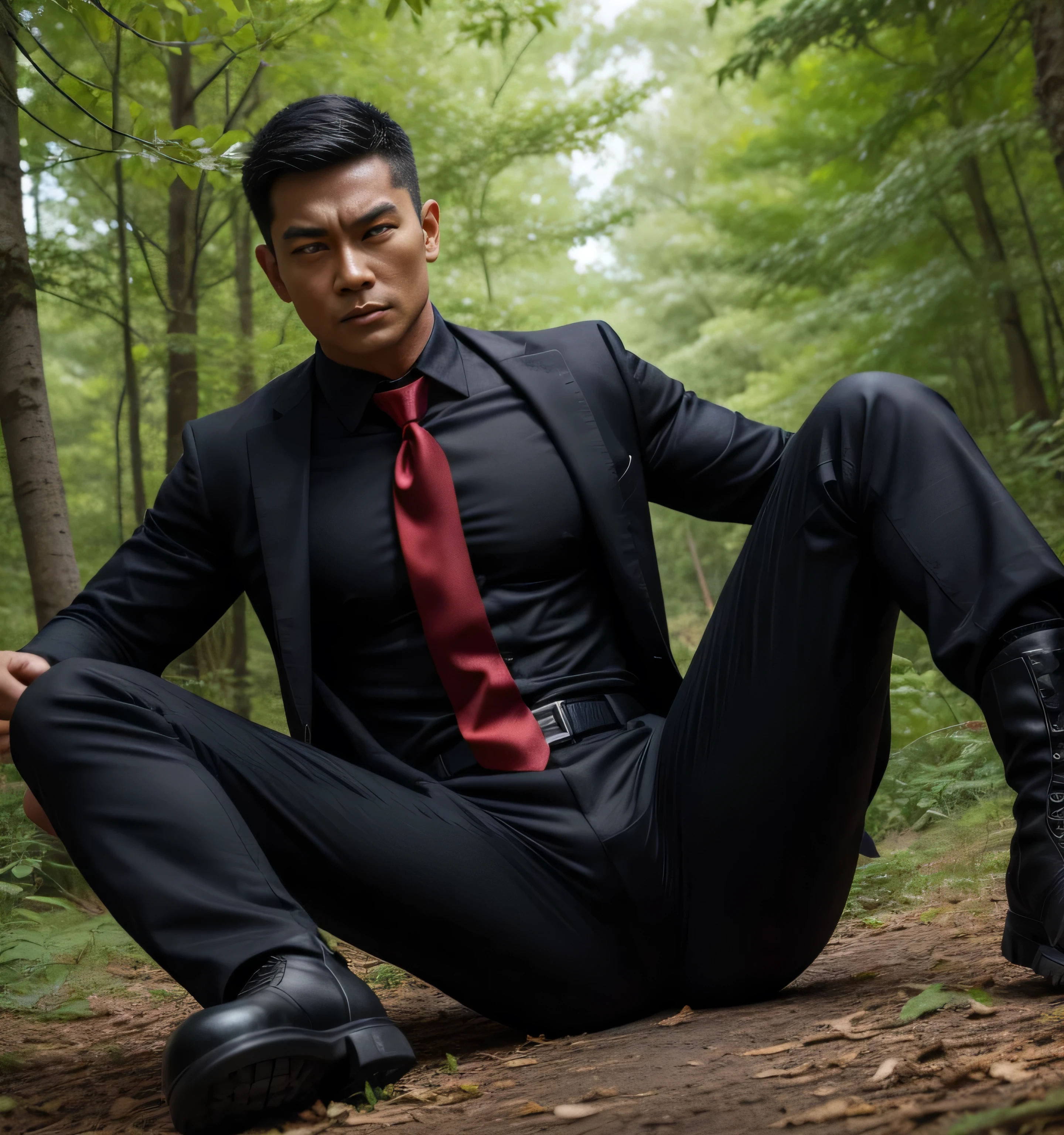 33 years old,One Man,、Black Shirt、Red tie、Black gloves、Forest、Lying on your back on the ground、Get punched in the stomach　logic, ,Black Hair、Very short hair、undercut、Handsome fighter　Asian Face　Stubble、The crotch area of your trousers is bulging　Seen from below　knock down
