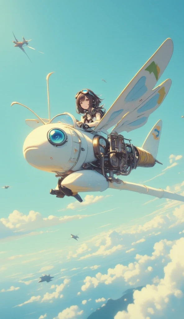  steampunk、Wide View、Flying in the sky、((( dragonfly flying with steam engine、Extremely simple construction、Internal combustion engine、Aquarium、Fuel tank、Small single-seater airplane :1.7、 very smooth fuselage、Flapter )))、Pilot by a girl、goggles、