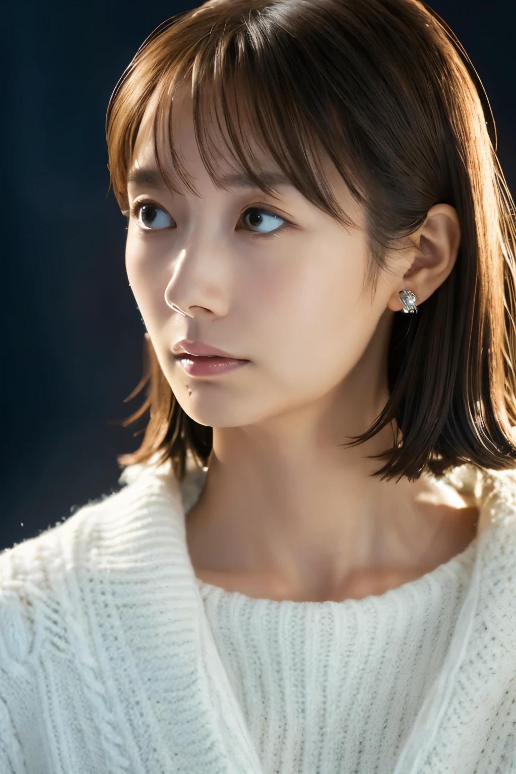 (knitwear), (top-quality, masterpiece:1.3, Super high resolution), (Photorealsitic:1.4, RAW shooting), Ultra-realistic capture, A highly detailed, high-definition 16K for human skin, Wistful, A skinny Japanese woman, 30 years old, cute face, ((Sadness face)), detailed face, detailed eyes, ((correct anatomy)), A dark-haired, Middle hair, ((Background of the sea in a starry night)), (((looking up afar at starry sky))), hair blowing in the wind