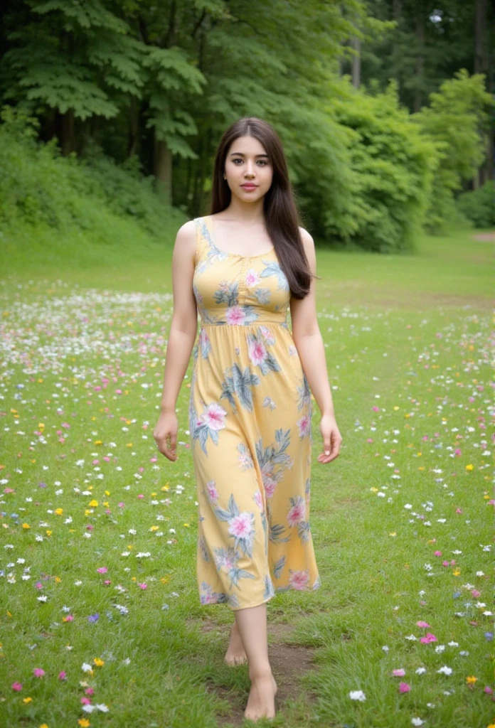 A beautiful indonesian girl,walking At the meadow with colorful mini flowers, look at the viewer,