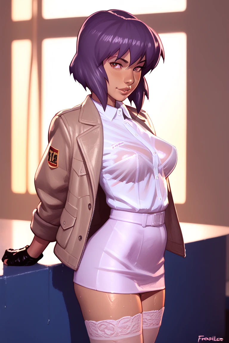 NSFW render of motoko kusanagi hentai scenes. motoko is alone in a dark and wet parking garage. she is wearing her tan military dress uniform. tan jacket, white undershirt, red dit, skirt, pantyhose. . author: (fossa666:1.5)r (taran fiddler:1.5),\ (pixel sketcher:1.4) masterpiece, detailed Bonifasko lighting, [crepuscular ray], best details, real life, depth of field, detailed backgrounddim lighting, flashlight lighting, solo, . . ,female, (motoko kusanagi ), (\), ,, (motoko kusanagi:1.2), seductive walk, femme, genitals, , medium breasts, clear details, (, realistic sweaty skin textures, translucent body, you can see under her skin, , ,s, stand alone complex, various poses, ,, gloves, stockings, 1girl, one girl, 1girl, solo, 
