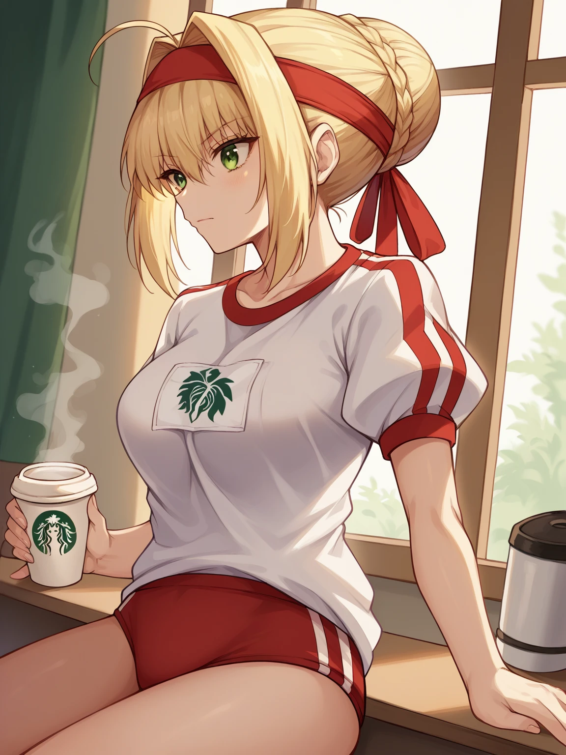 score_9, score_8_up, score_7_up, source_anime, 
nero, ahoge, blonde hair, green eyes, hair between eyes, hair intakes, large breasts,,
braid, buruma, french braid, gym shirt, gym uniform, hair bun, headband, official alternate costume, red buruma, red headband, single hair bun,, 
cafe, coffee cup, barista, sitting down, talking, relaxing, sunlight through window, , , hand shaking hands, solo,, cowboy shot, dutch angle