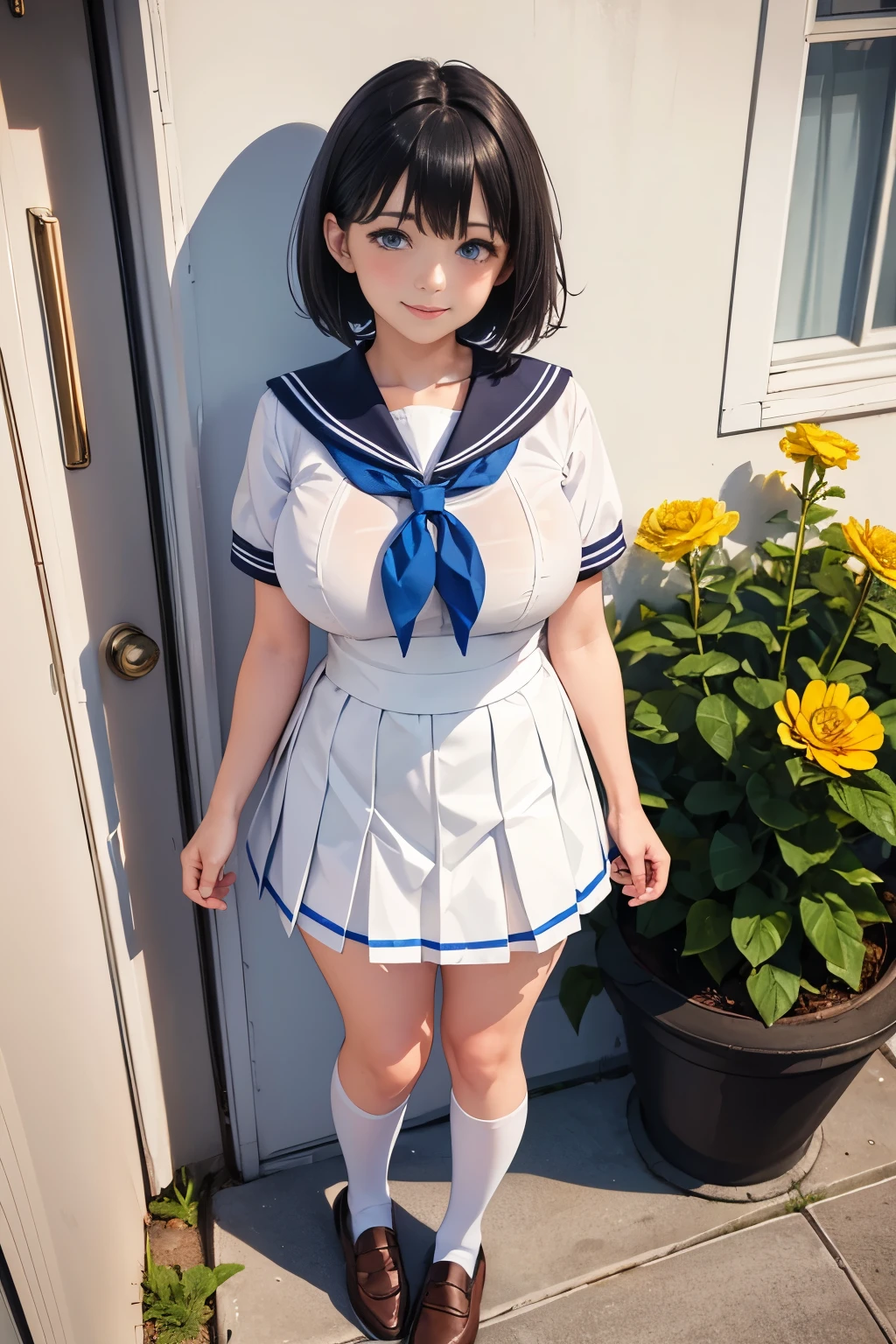 1girl, solo, looking at viewer, full body shot, full body focus, blush, smile, medium hair, blue eyes, black hair, short sleeves, hair between eyes, closed mouth, school uniform, white shirt, pleated skirt, shoes, sailor dress, White skirt, brown footwear, knee-high socks, white with lace trim, standing on one leg, white sailor collar, loafers, , yellow flower, , blue neckerchief, black neckerchief, big breasts, NSFW