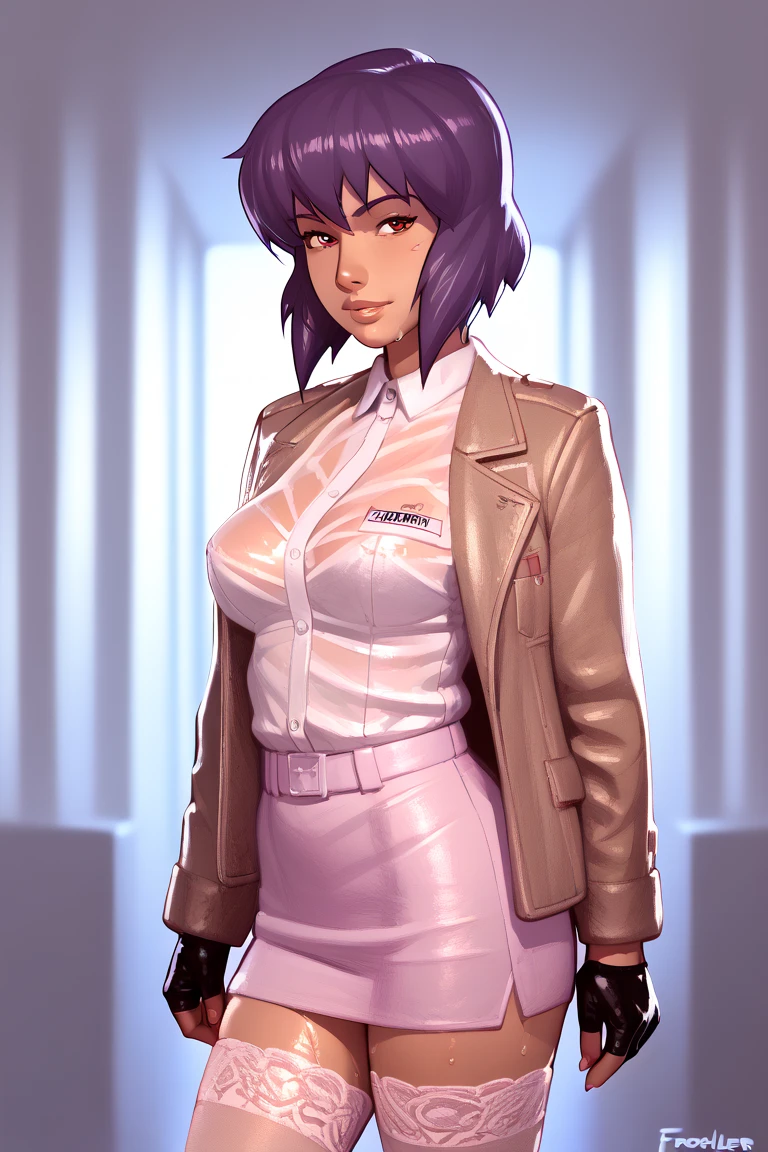 NSFW render of motoko kusanagi hentai scenes. motoko is alone in a dark and wet parking garage. she is wearing her tan military dress uniform. tan jacket, white undershirt, red dit, skirt, pantyhose. . author: (fossa666:1.5)r (taran fiddler:1.5),\ (pixel sketcher:1.4) masterpiece, detailed Bonifasko lighting, [crepuscular ray], best details, real life, depth of field, detailed background ; dim lighting, flashlight lighting, solo, . . ,female, (motoko kusanagi ), (\), ,, (motoko kusanagi:1.2), seductive walk, femme, genitals, , medium breasts, clear details, (, realistic sweaty skin textures, translucent body, you can see under her skin, , ,s, stand alone complex, various poses, ,, gloves, stockings, 1girl, one girl, 1girl, solo, 
