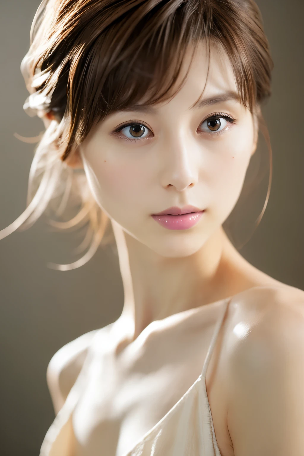 Top quality, realistic, perfect human body structure, very detailed, very delicate and beautiful, RAW photography, professional lighting, luminescence, depth of field, single focal, full body, Skinny Japanese lady, 30 years old lady, brown hair, small head, beautiful eyes, real face, realistic skin, detailed eyes, (fashionable hairstyle: 1.3),