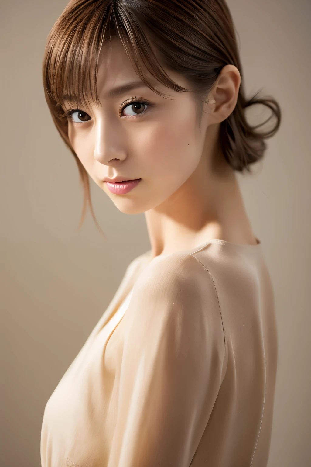 Top quality, realistic, perfect human body structure, very detailed, very delicate and beautiful, RAW photography, professional lighting, luminescence, depth of field, single focal, full body, Skinny Japanese lady, 30 years old lady, brown hair, small head, beautiful eyes, real face, realistic skin, detailed eyes, (fashionable hairstyle: 1.3),