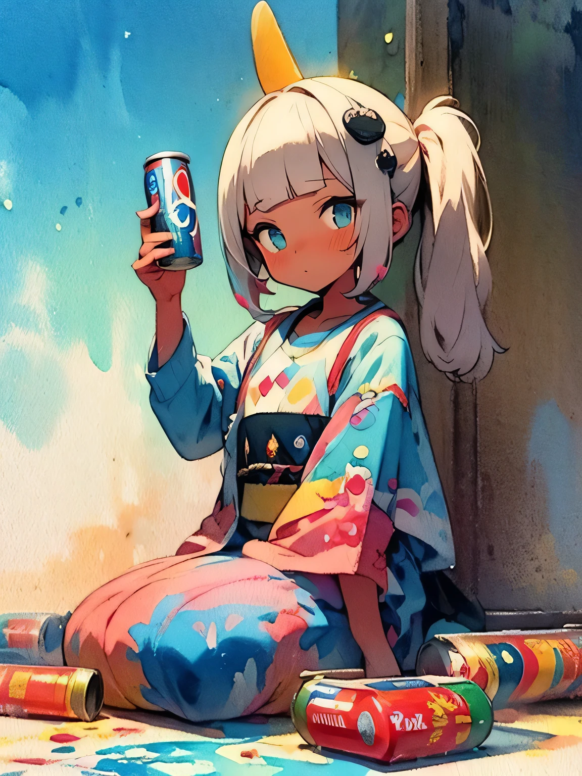 (looking at viewer),(seiza),solo,model pose,white ponytail,blunt bangs,(dark skin),giraffe headgear, have a (pepsi cola can), the savannah, the blue sky, (pepsi design world:1.3),like a painting、like a painting, watercolor painting style, The Art of Mathematics, Official Art, Masterpiece, beautiful, ((watercolor)), paint splashes , complex details. very detailed, [Drooping:0.7],,like a painting, watercolor painting style, The Art of Mathematics, Official Art, Masterpiece, beautiful, ((watercolor)), paint splashes , complex details. very detailed, [Drooping:0.7],