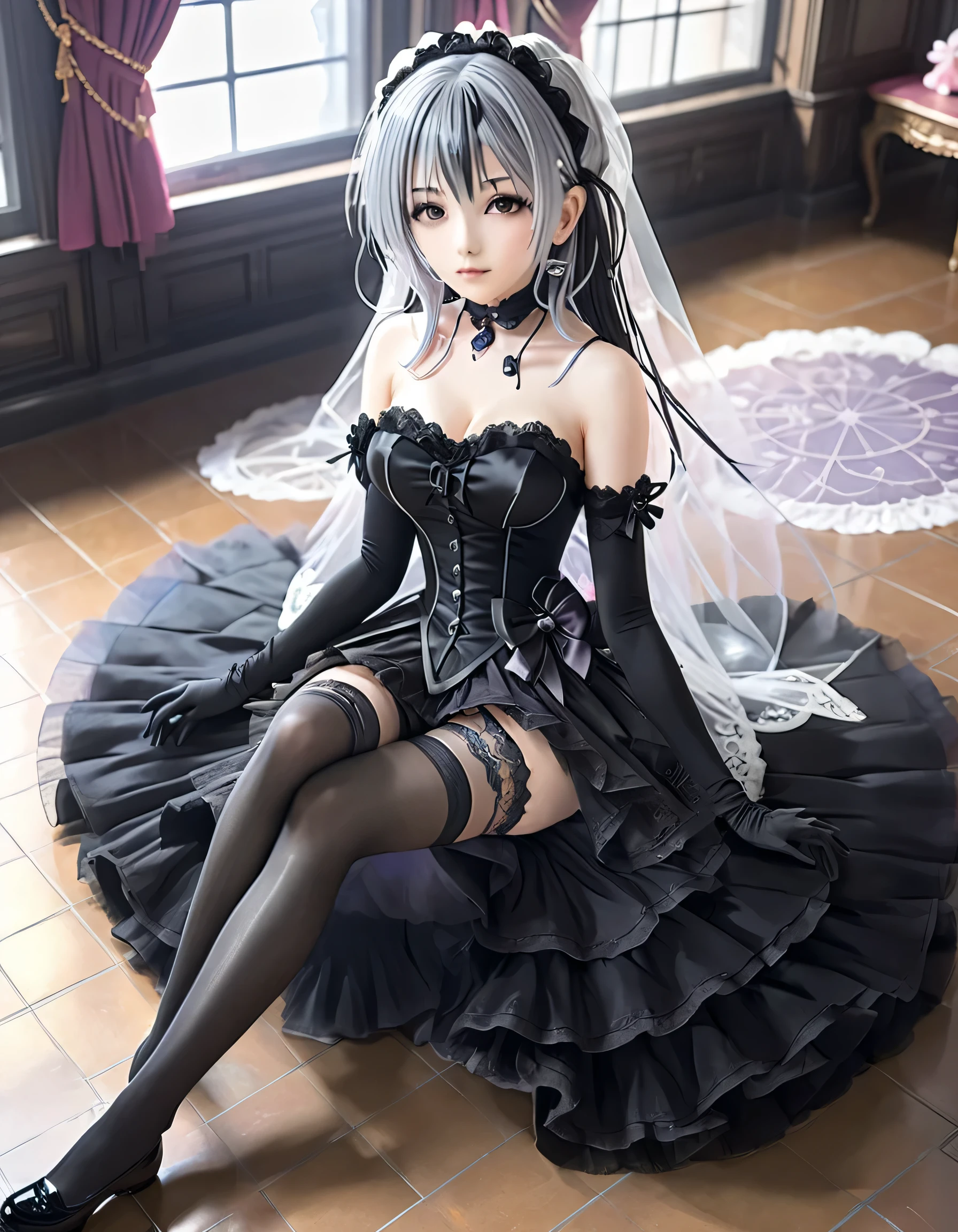 1 girl、Gray Hair、Ranko Kanzaki、shoulder、 Gothic Lolita That Makes You Cleavage、Black gloves、Sitting、 two feet in feet、feet focus、 black thigh high stockings、feet、feet inside、From below、