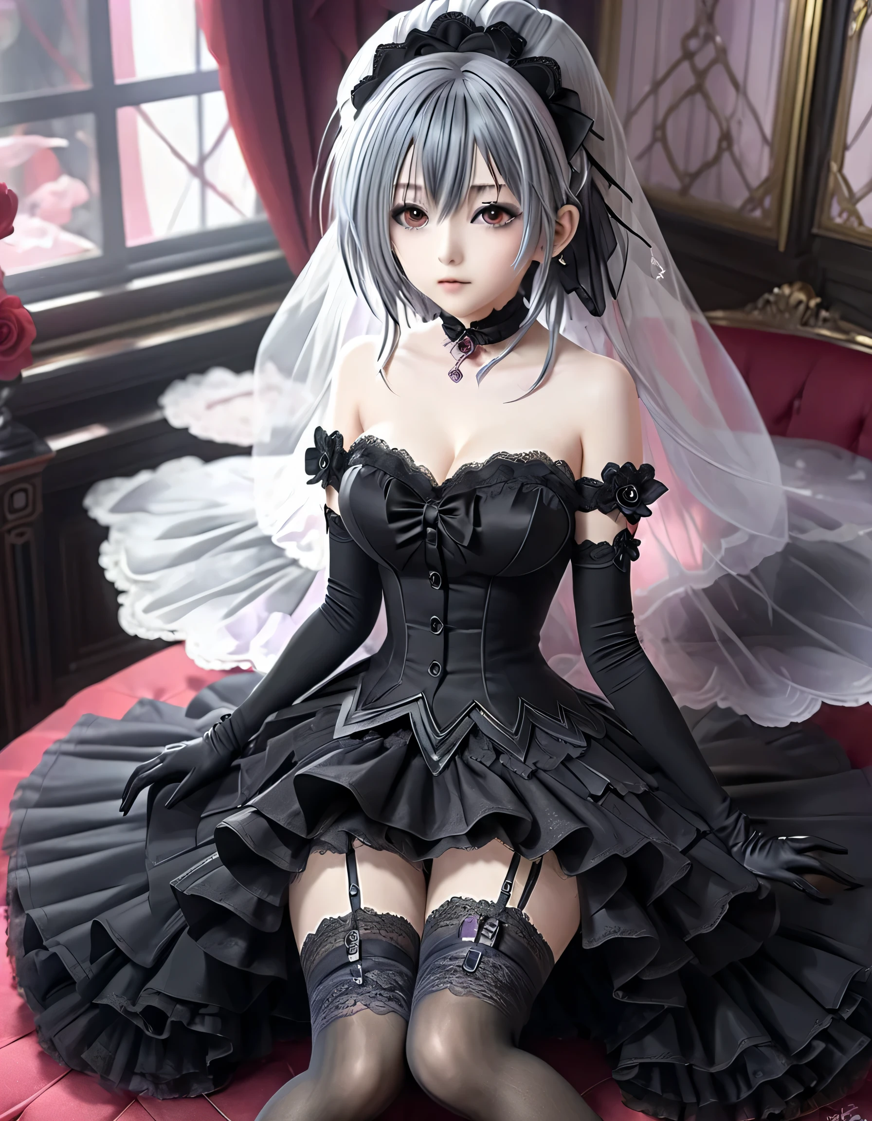 1 girl、Gray Hair、Ranko Kanzaki、shoulder、 Gothic Lolita That Makes You Cleavage、Black gloves、Sitting、 two feet in feet、feet focus、 black thigh high stockings、feet、feet inside、From below、