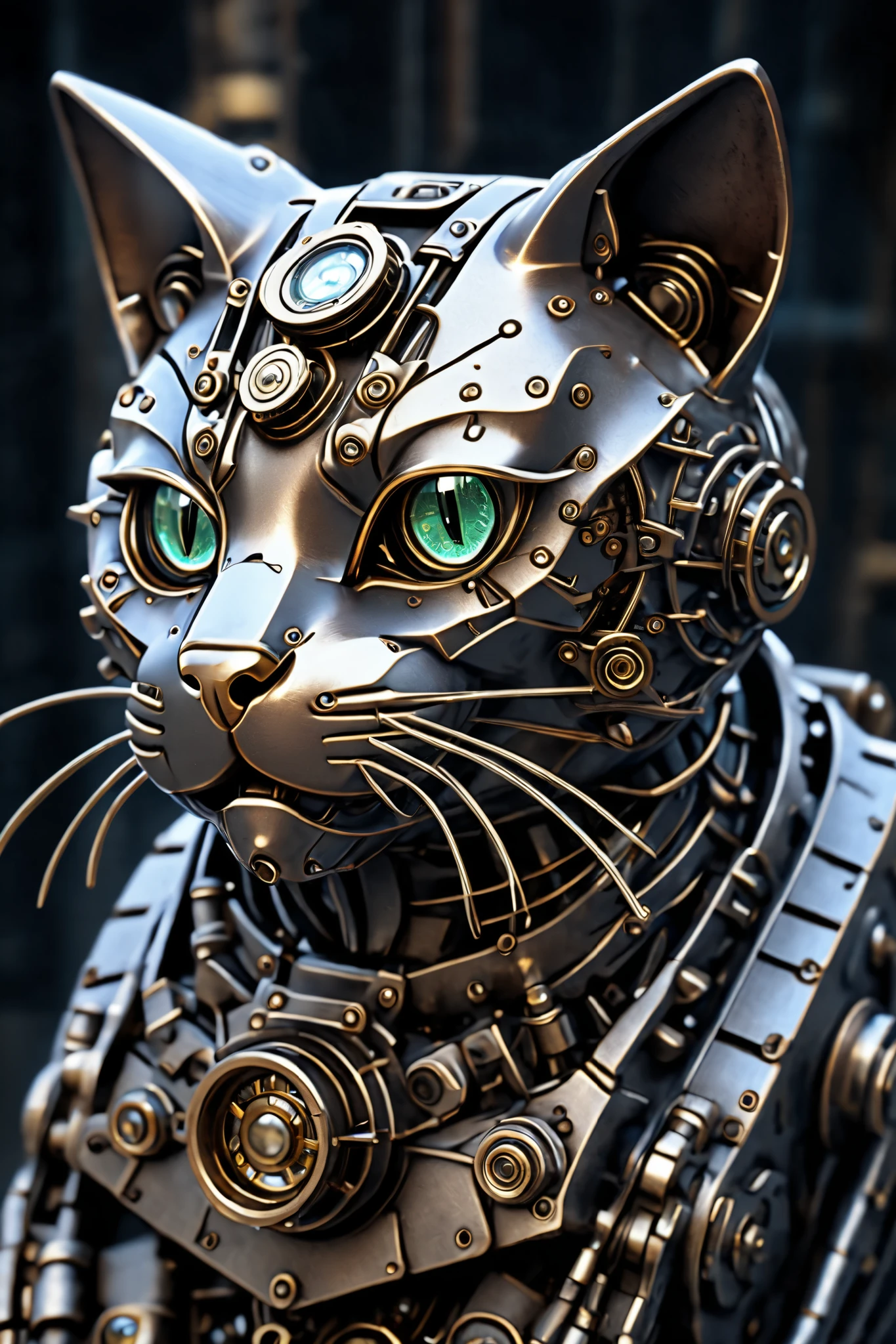 mechanical cat  ,  steampunk metal material ,Detailed Gear,    sparkling eyes    ,Glossy surface,  MECHANICAL MOVEMENT  ,  realistic なデザイン,(  top quality,   high definition  ),(  realistic  :1.37),(   high definition  ),( Industrial , steampunk),(  cool tone  ),   SOFT AMBIENT   