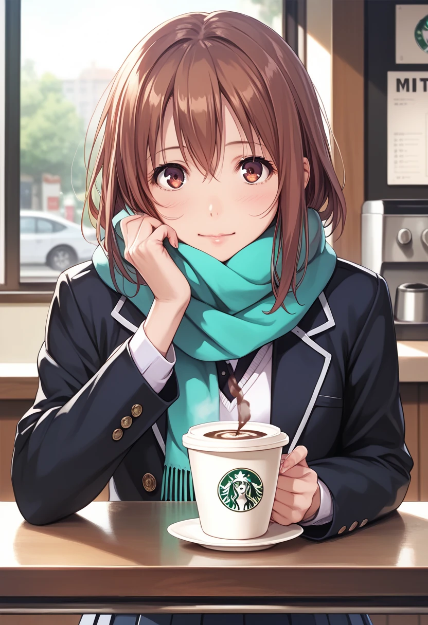 score_9, score_8_up, score_7_up, uncensored, source_anime, 1girl, solo, masterpiece, best quality, detailed face, face focus, BREAK hirasawa_yui, 1girl, solo, scarf, jacket, coffee shop, pleated skirt, 