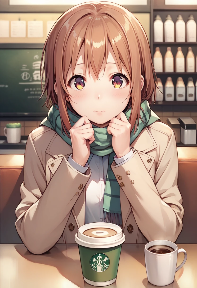 score_9, score_8_up, score_7_up, uncensored, source_anime, 1girl, solo, masterpiece, best quality, detailed face, face focus, BREAK hirasawa_yui, 1girl, solo, scarf, jacket, coffee shop, pleated skirt, 