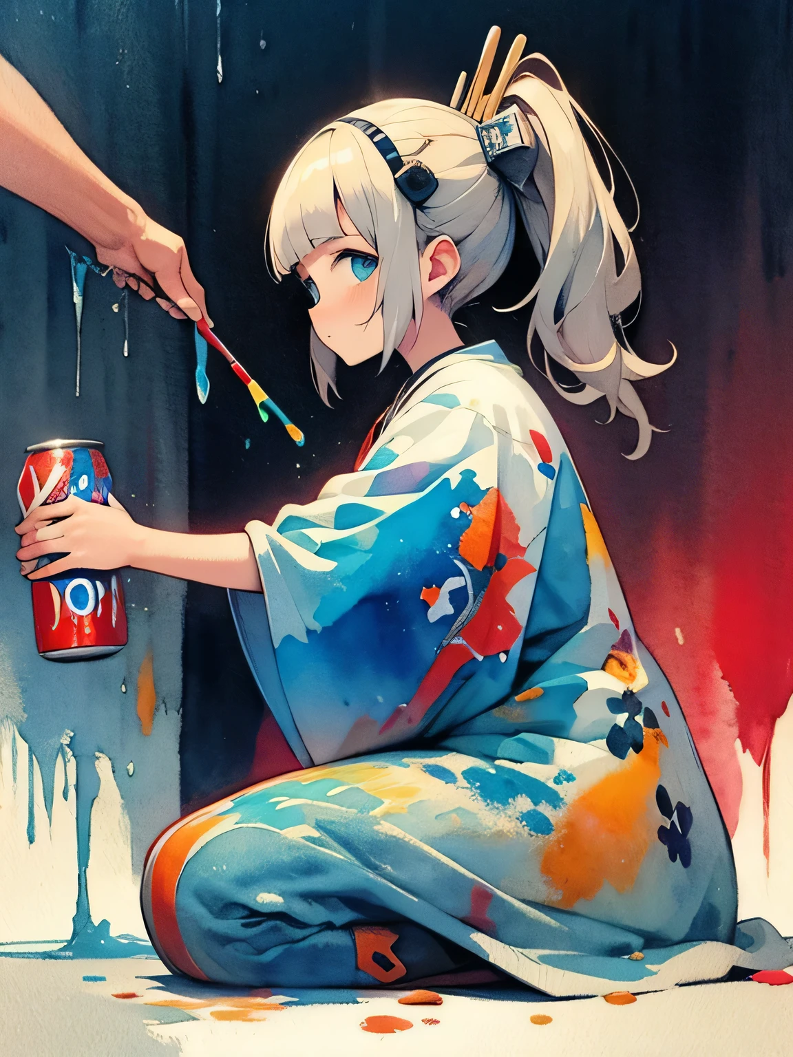 sideview,(looking at viewer),(seiza),solo,model pose,white ponytail,blunt bangs,(dark skin),giraffe headgear, have a (pepsi cola can), the savannah, the blue sky, (pepsi design world:1.3),like a painting、like a painting, watercolor painting style, The Art of Mathematics, Official Art, Masterpiece, beautiful, ((watercolor)), paint splashes , complex details. very detailed, [Drooping:0.7],,like a painting, watercolor painting style, The Art of Mathematics, Official Art, Masterpiece, beautiful, ((watercolor)), paint splashes , complex details. very detailed, [Drooping:0.7],