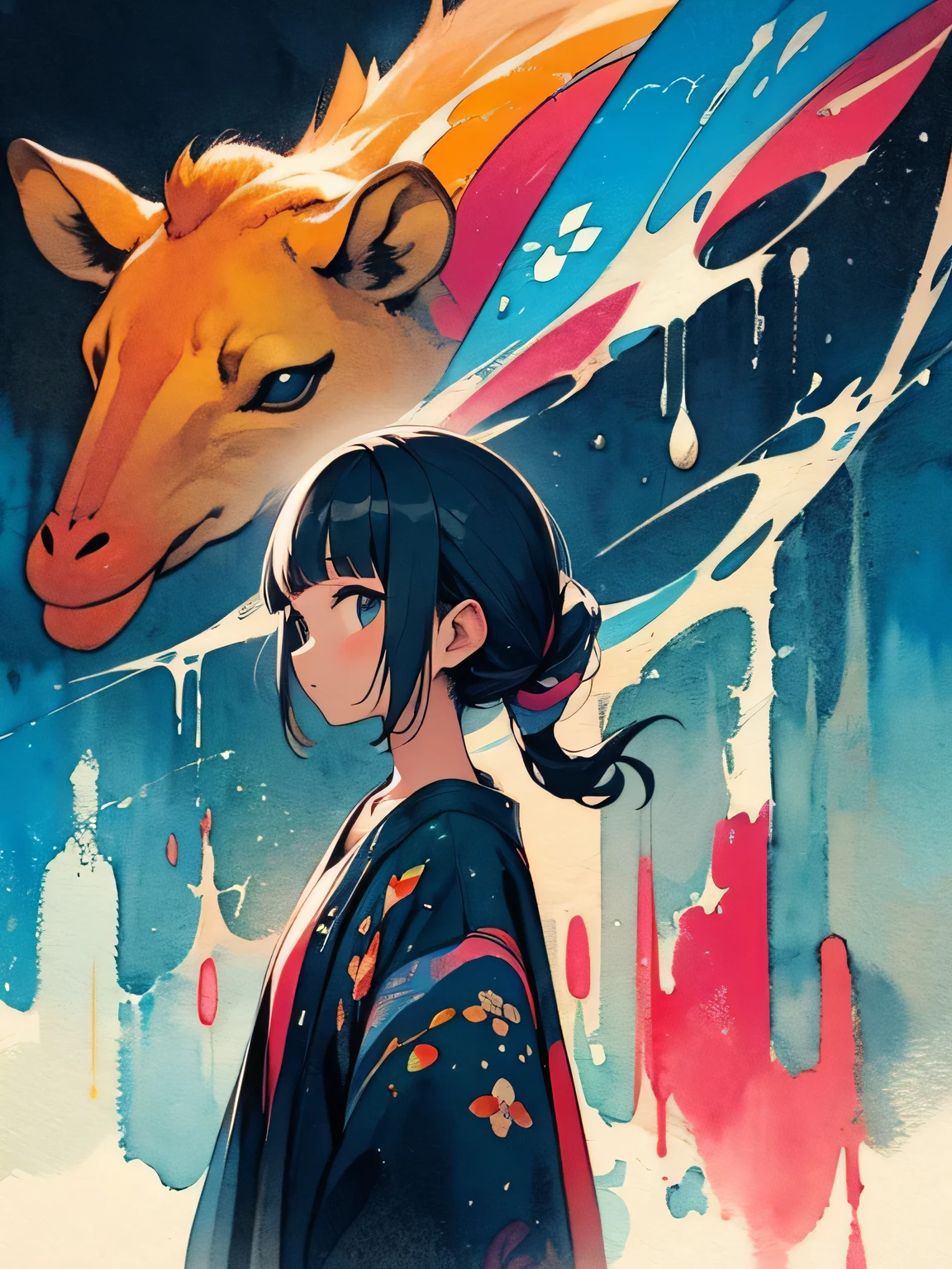 sideview,(looking at viewer),(seiza),solo,model pose,white ponytail,blunt bangs,(dark skin),giraffe headgear, have a (pepsi cola can), the savannah, the blue sky, (pepsi design world:1.3),like a painting、like a painting, watercolor painting style, The Art of Mathematics, Official Art, Masterpiece, beautiful, ((watercolor)), paint splashes , complex details. very detailed, [Drooping:0.7],,like a painting, watercolor painting style, The Art of Mathematics, Official Art, Masterpiece, beautiful, ((watercolor)), paint splashes , complex details. very detailed, [Drooping:0.7],