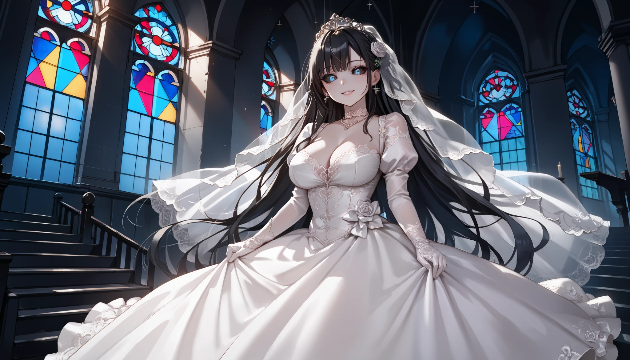 score_9, score_8_up, score_7_up, source_anime, 1girl, solo, ghost girl BREAK 

Black hair, very long hair, wavy, black sclera, blue eyes BREAK large breasts, (pale skin) BREAK 

Wedding dress, white dress, lace trim, choker, necklace, long dress, lace gloves, juliet sleeves, long sleeves BREAK 

Standing, looking at viewer, indoors, ((dark room)), window, church, white sky, light smile