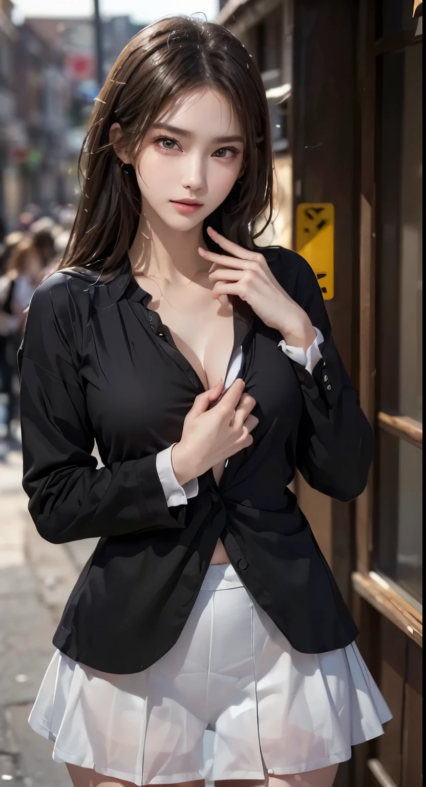 Best Quality, Masterpiece, 1 Girl, Beautiful Face, (Photorealistic picture:1.3), Rim Lighting, (High Detail Skin:1.2), 8K UHD, DSLR, High Quality, High Resolution, 4K, 8K, Bokeh, Absurdity, Best Ratio Four Fingers and One Thumb, (Real:1.3), Cute 1 Girl, Wearing Black Formal Blazer, Middle Breast, Short Skirt,Japan person