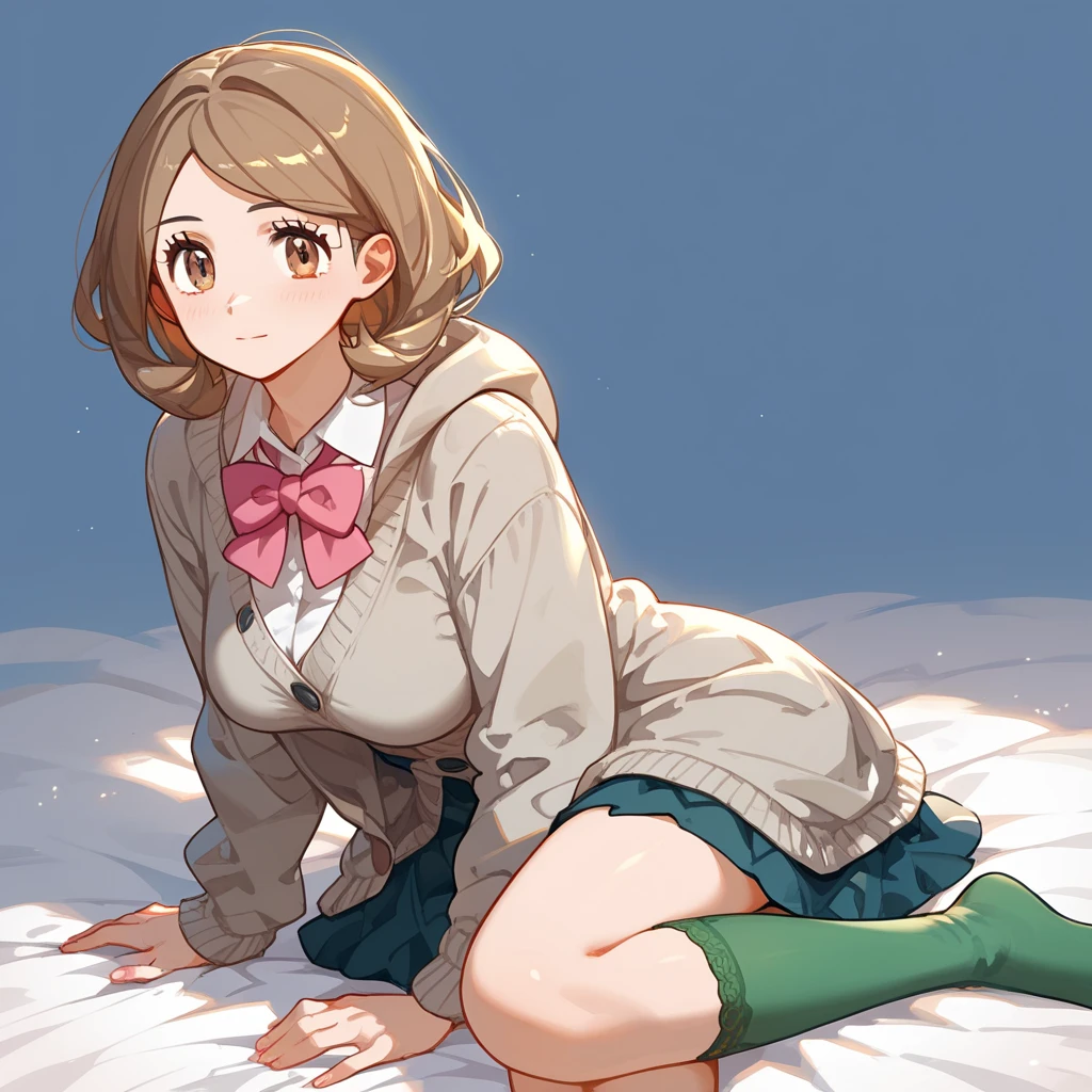 (8k,  top quality,   Masterpiece :1.3), pose, 1 girl in uniform,  very beautiful face  , random expression ,ＪＫ_ style for stilets ,(Age 19),Big Breasts, (pokemon), brown hair, brown eyes, grey cardigan, hooded cardigan, cable knit, pink dress, green socks, long sleeves, collared dress,