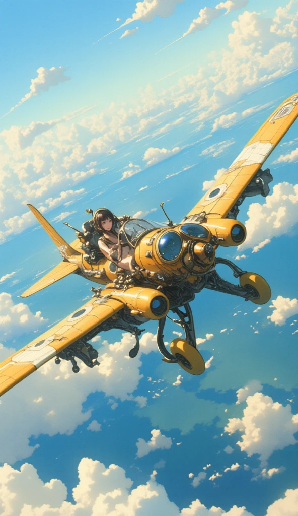  steampunk、Wide View、Flying in the sky、((( dragonfly flying with steam engine、Canopies made of hardened plastic、Extremely simple construction、Internal combustion engine、Aquarium、Fuel tank、Small single-seater airplane :1.7、 very smooth fuselage、Flapter )))、Pilot by a girl、goggles、