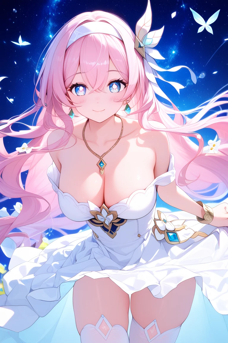 masterpiece,score_9,score_8,anime_source, FireflyBren, 1girl, very long hair, ((hairband:1.2)), ((white flower hair ornament:1.2)), magical starry sky background, (glowing blue eyes:1.2), white pupils, cute smile, closed mouth, diamond earrings, innocence, pink hair, hair between eyes, (white hairband:1.2), thighhighs, blush, thighs, white dress, bare shoulders, gold necklace, red jewelry, thigh gap, collarbone, covered shoulders, mature female, cleavage, large breasts, (white hair ribbon:1.2), gold arm bracelets, tall female, details on skirt, anime, aesthetic, style, absurdres, masterpiece, best quality, very aesthetic, elegant pose, amazing quality, detailed face, perfect detail, perfect anatomy, perfect face, elegant pose, (negative_v2 Color_Balance_Calibration:0.8), (SuperQuality:1.0) ~ (SuperQuality:1.2