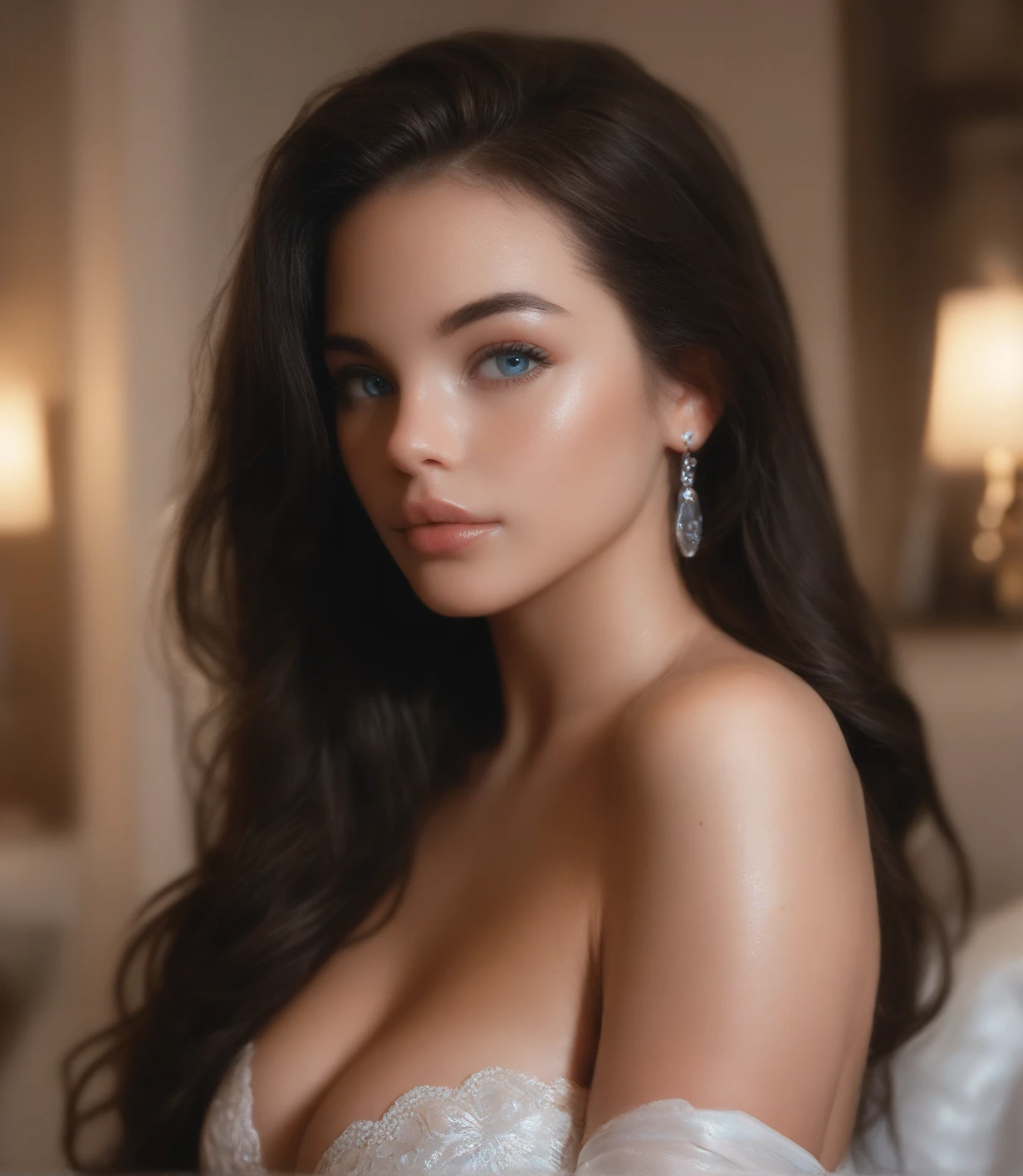 Pale skin, black hair, cleavage