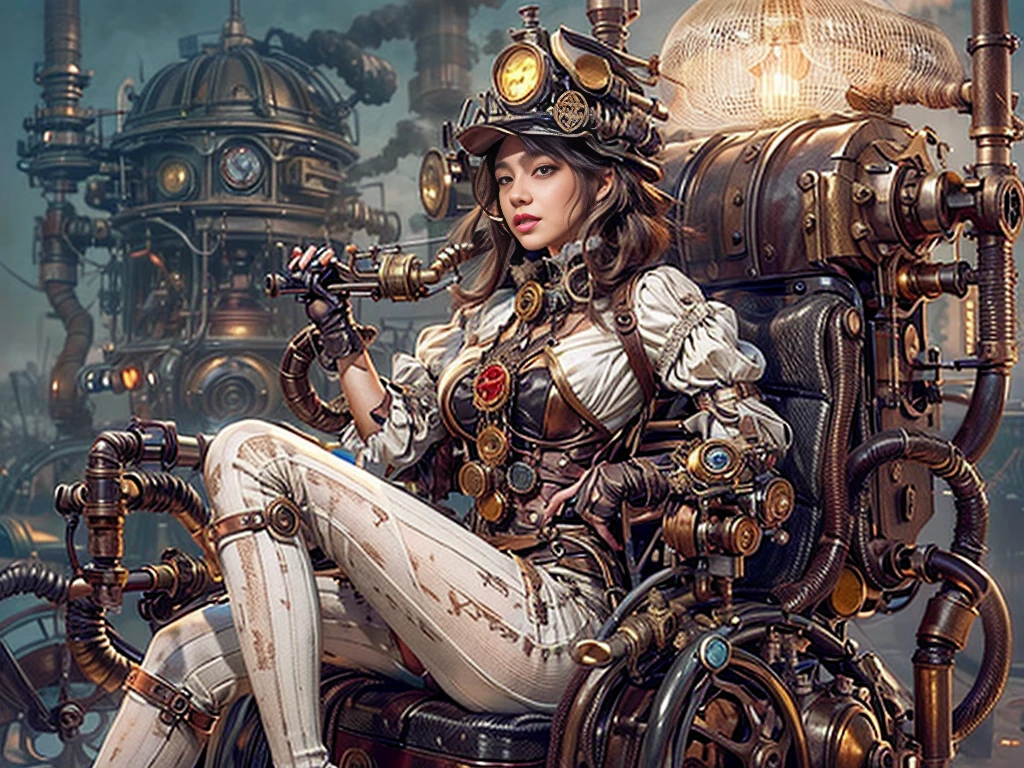 Sexy woman、 and have tanned skin with steam power, Large ,Royal Look, helmet ,  steampunkのコンセプトアート, Sexy full body view,  steampunkの椅子に座って, Dark Smoke Background , steampunk digital,  steampunk de alta qualidade, Vojtek Fuss, デジタル steampunkアート,  詳細なワイルド steampunkイラスト ,  portrait of a mechanical woman in gold and copper sitting in a steampunk chair ,  steampunk,  Smoky Blue Sunset , サイバーパンク  steampunk, steampunk fantasy style,  4K high resolution digital art , SF  steampunk