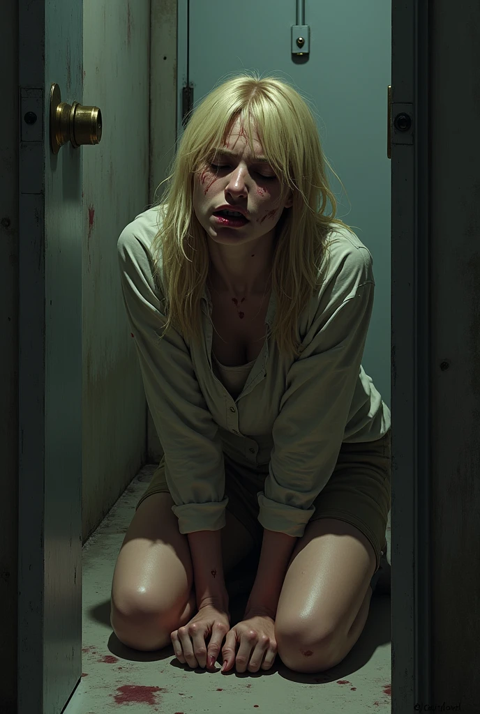 Blonde woman with long hair vomiting