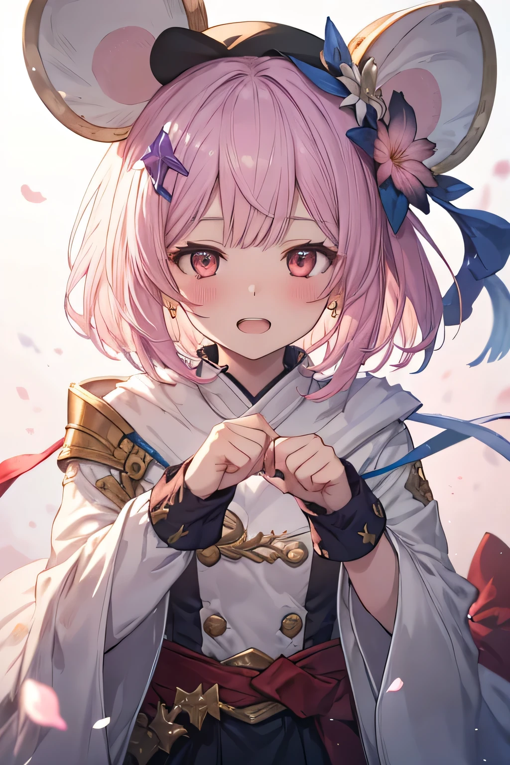 happy girl ( showing teeth), standing, combat pose,  pink hair color,  mmorpg background ,  mmorpg background (castillo, rainbow, custody, stars, Bubbles), complete anatomy,   graphic effects ,  ornament of a flower-shaped accessory on the head, aura, white beret, height 159 cm  ( 5 feet 3 inches ),  summoning circle, Castea skill Eccentric Parade(granblue fantasy), Blue Fire Force +vapor,  fire around, strong breeze ,  sakura petals and leaves, primera persona, blush,  looking at the spectator, Charm, Pausa de toque ciego  looking at the spectator,  very detailed face , 8K, light and shadow effect.  Masterpiece.