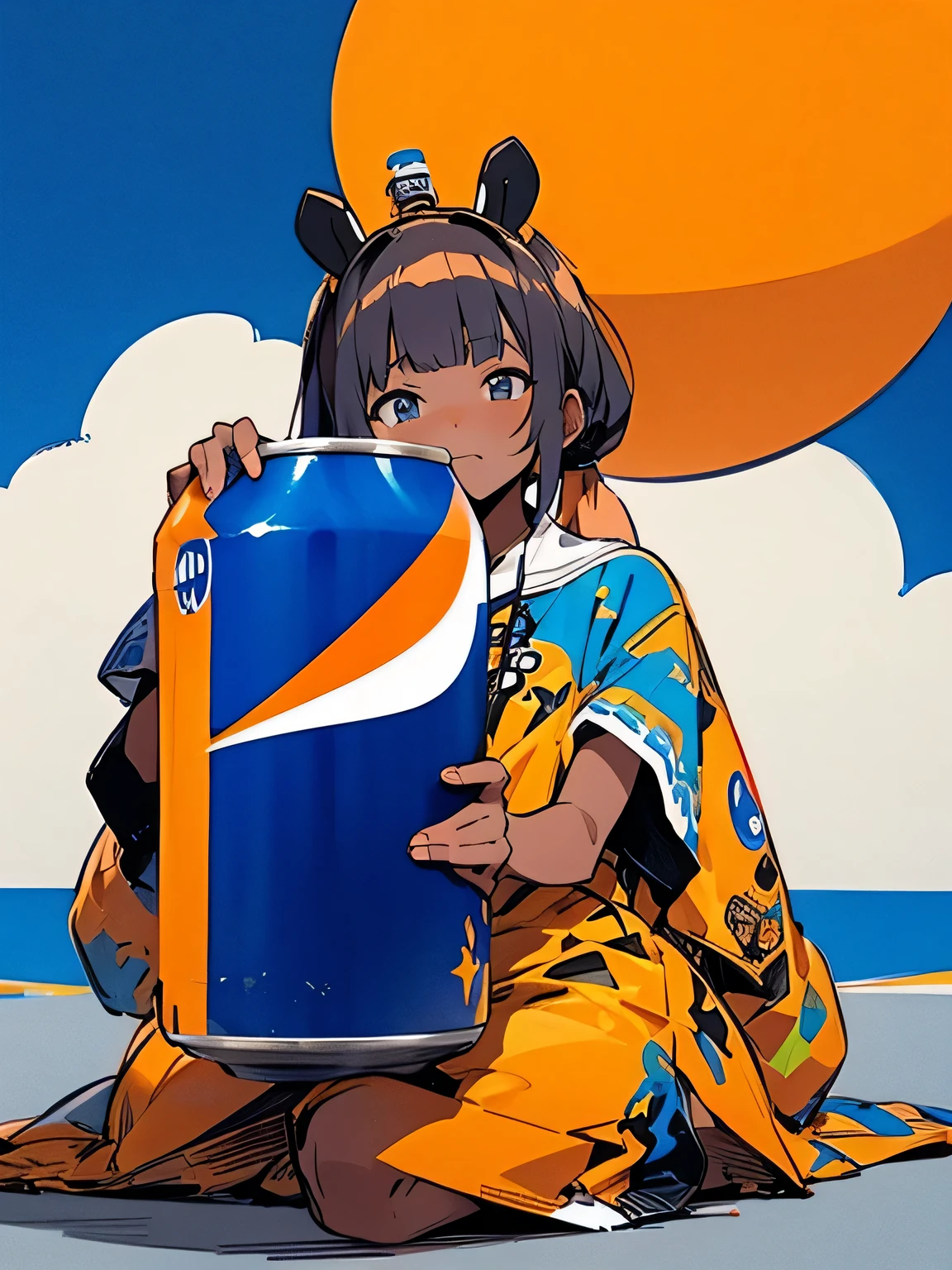 (looking at viewer),(seiza),solo,model pose,white ponytail,blunt bangs,(dark skin),giraffe headgear, have a (pepsi cola can), the savannah, the blue sky, (pepsi design world:1.3),(manga atyle),(sketch),(illustration)